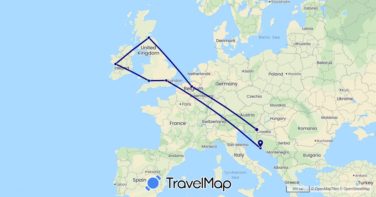 TravelMap itinerary: driving in Belgium, United Kingdom, Croatia, Ireland (Europe)